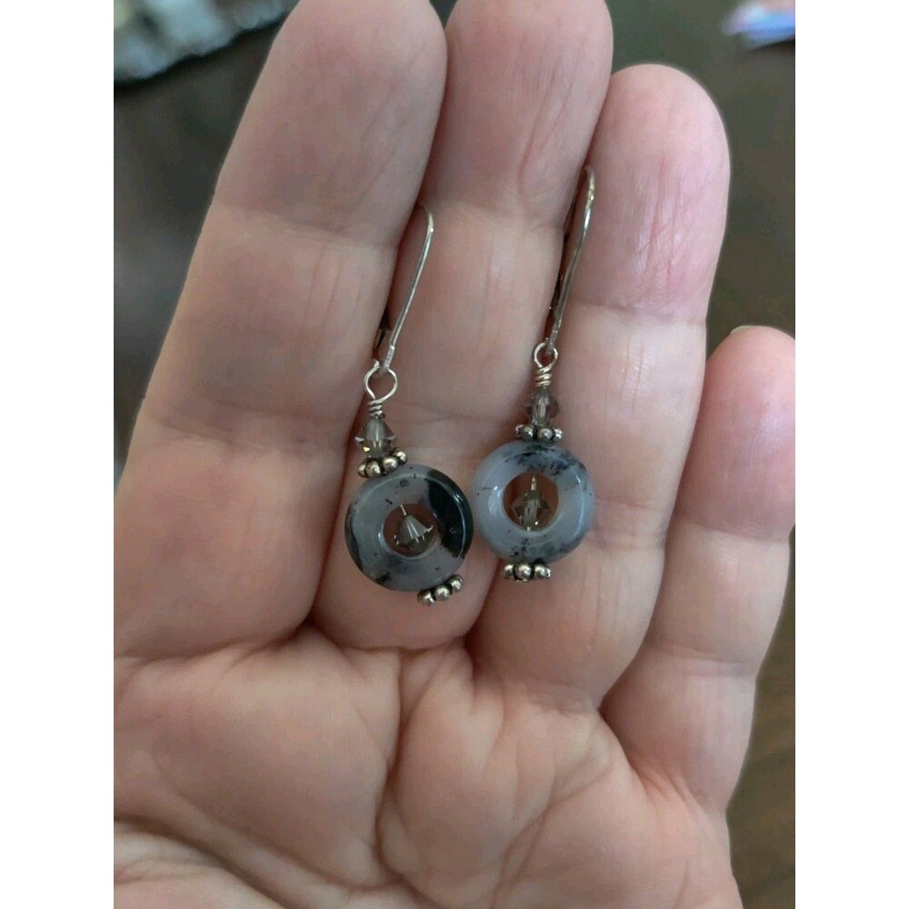Agate 925 Sterling Silver Earrings Gray Black Circle Hoop Dangle 4g 1.5"